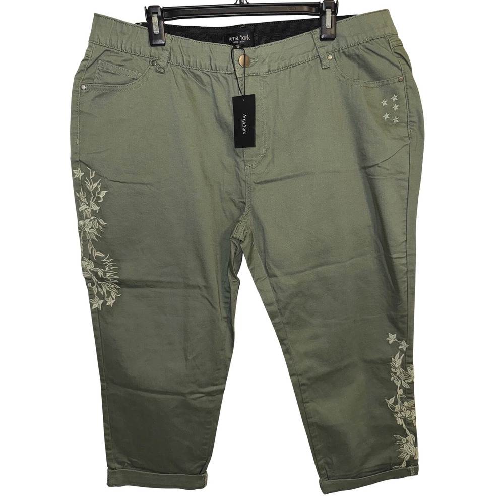 Arna York Collection Women's Olive Green Embroidered Crop Pants Size 18‎ NEW